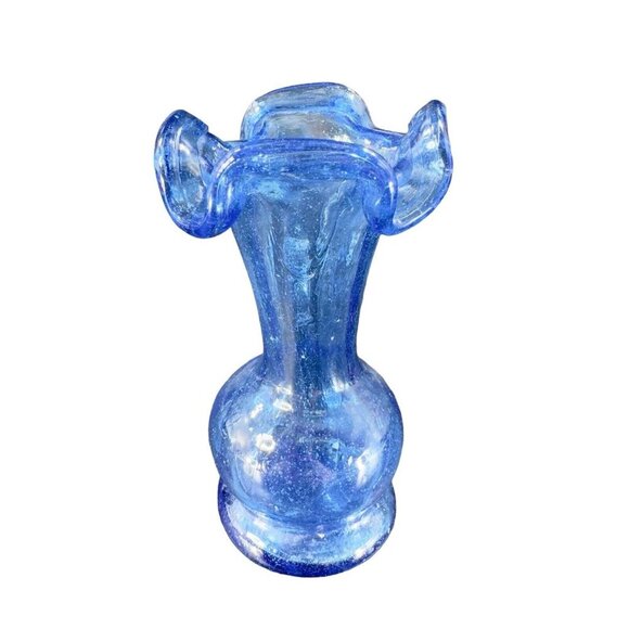 Vintage Hand Blown Cobalt Blue Bud Vase Ruffled Edges Hand Made Glass Decor VTG - Picture 4 of 14